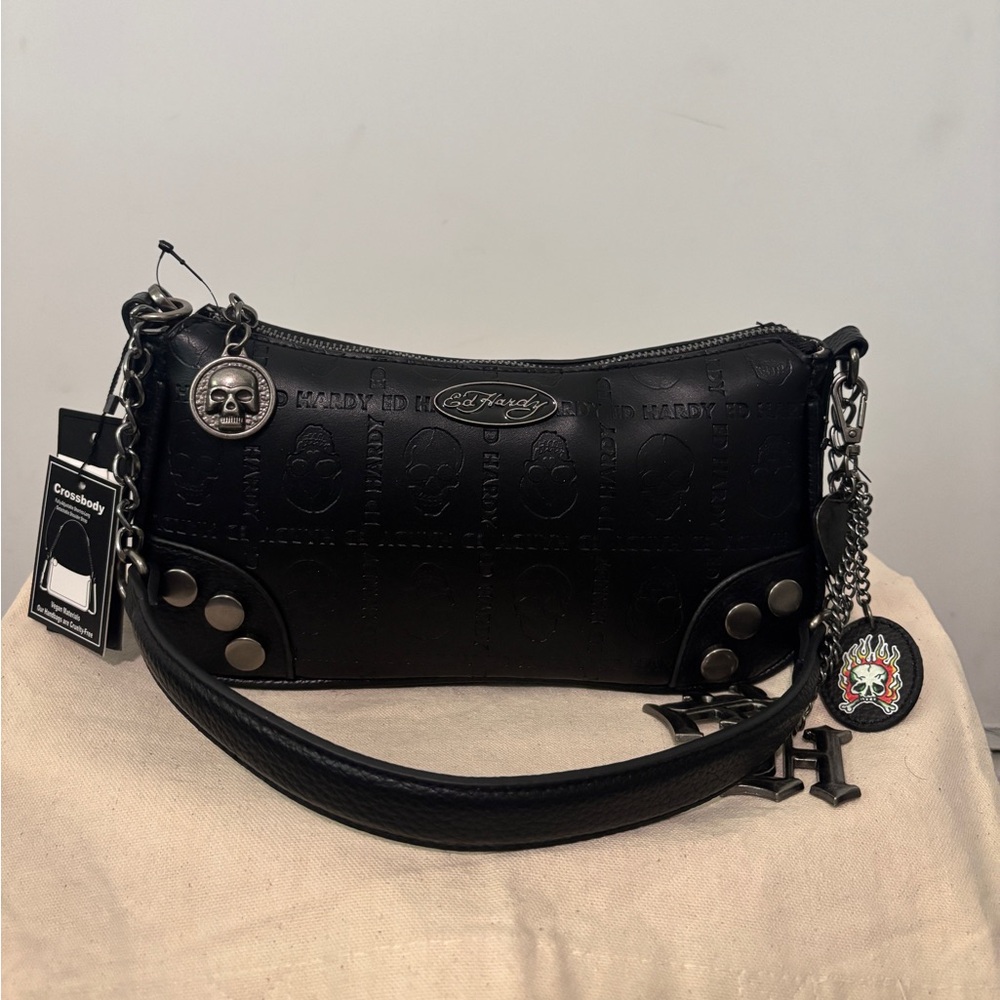 Ed Hardy Black Embossed Skull Chain-Accent Crossbody Bag